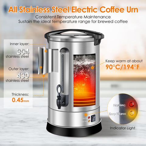 Coffee Urn 17L Large Coffee Dispenser with Internal Stage 113 Cups Full Stain...