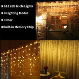 Toodour Icicle Christmas Lights,612 LED 50ft 8 Modes String Lights with 102 D...