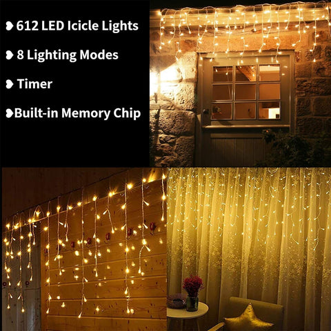 Toodour Icicle Christmas Lights,612 LED 50ft 8 Modes String Lights with 102 D...
