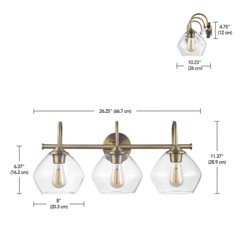 Globe Electric 63000103 26" 3-Light Vanity Fixture, Brass Finish, Clear Glass...