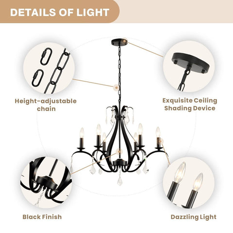 Black Chandelier 24" Dia, 6-Light Modern Farmhouse Chandelier with K9 Crystal...