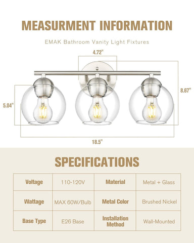 Emak Modern Brushed Nickel Bathroom Light Fixtures, 3-Light Globe Vanity Ligh...