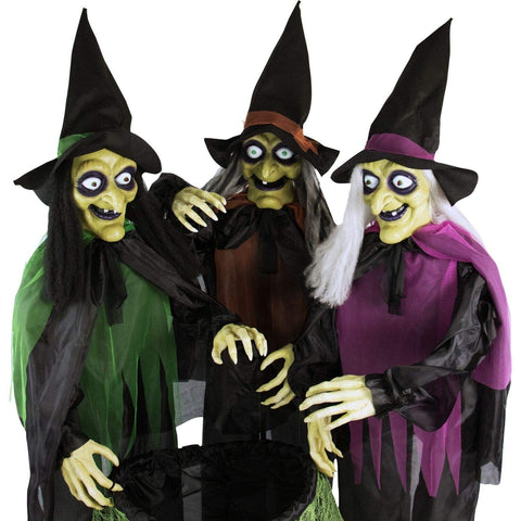 Haunted Hill Farm Life-Size Scary Talking 3 Witches with Cauldron Halloween A...