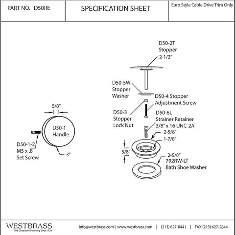 Westbrass D50RE-62 1-1/2" Replacement Trim for Cable Drive Bath Drain Waste &...