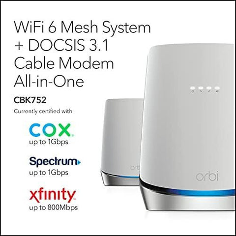 NETGEAR Orbi Whole Home WiFi 6 System with DOCSIS 3.1 Built-in Cable White