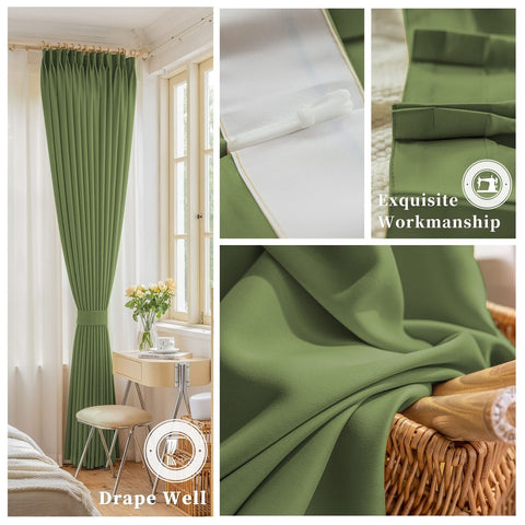 Sage Green Blackout Pinch Pleat Curtain 120 Inches Extra Long, Ceiling to Flo...