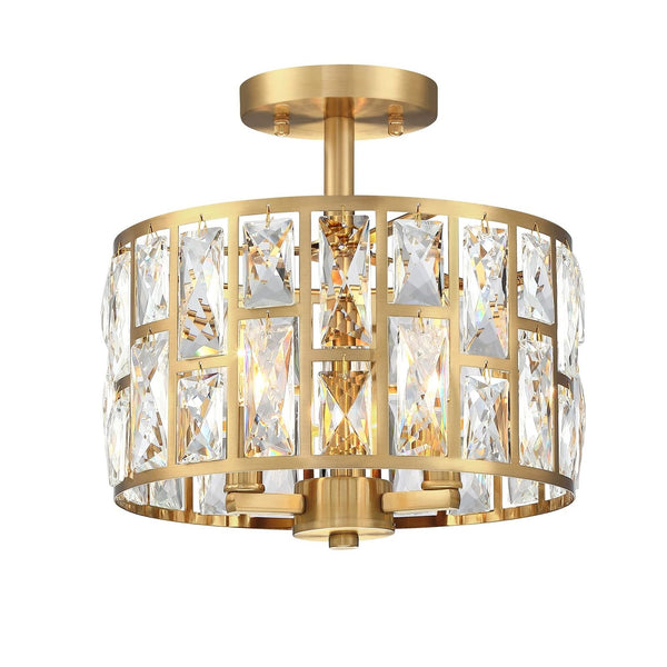 MEXO Gold Finish 3LT Crystal Semi Flush Mount Ceiling Light Fixture, Cylinder...