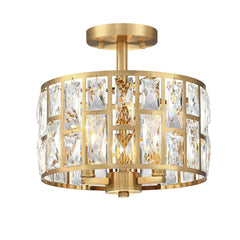 MEXO Gold Finish 3LT Crystal Semi Flush Mount Ceiling Light Fixture, Cylinder...