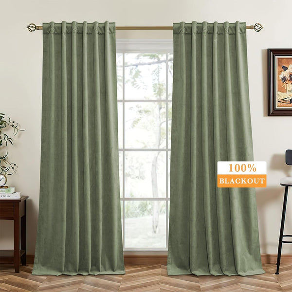 RYB HOME Sage Green Blackout Velvet Curtains 96 inches Long, Total Light Bloc...