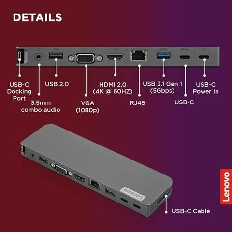 Lenovo USB-C Mini Dock, 7-in-1 Portable Dock with HDMI, VGA, USB-C, USB Grey