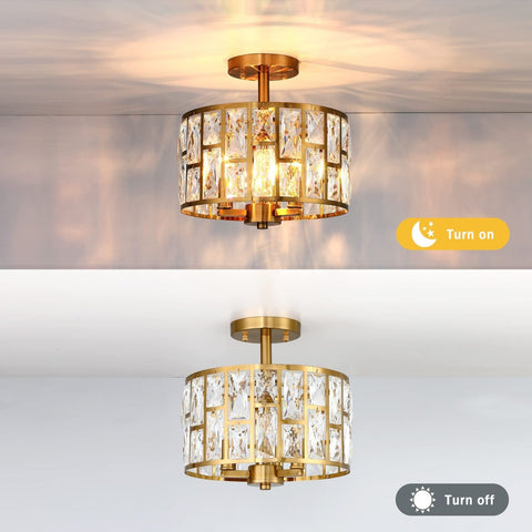 MEXO Gold Finish 3LT Crystal Semi Flush Mount Ceiling Light Fixture, Cylinder...