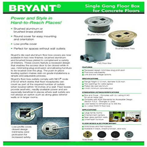 Bryant Electric RF406BP Floor Box Cover with 15A 125V Outlet Brass Plate