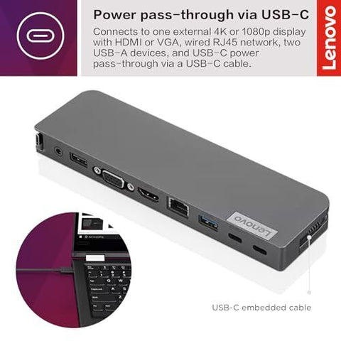 Lenovo USB-C Mini Dock, 7-in-1 Portable Dock with HDMI, VGA, USB-C, USB Grey