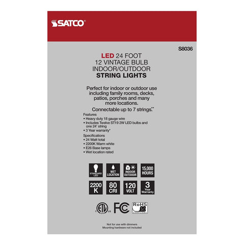 Satco S8036 LED Indoor/Outdoor String Lights, Black, ST19 Bulbs, 24 Feet (Pac...