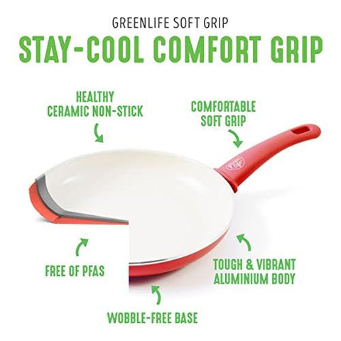 GreenLife Soft Grip Healthy Ceramic Nonstick 16 16 Piece Cookware Set, Red