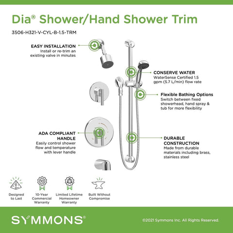 Symmons 3506-H321-V-CYL-B-1.5-TRM Dia 2-Handle Tub and 1-Spray Shower Trim wi...