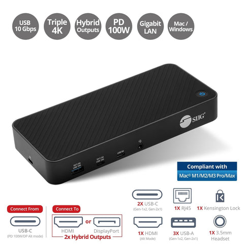 SIIG USB-C Triple 4K 60Hz Docking Station with 100W PD - Triple 4K@60Hz or Si...