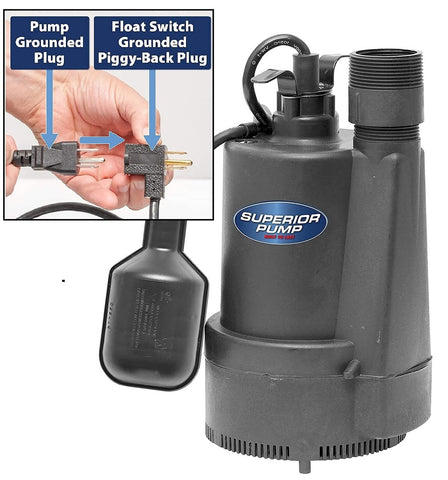 Superior Pump 92330 1/3 HP Thermoplastic Submersible Sump Pump with Tethered ...