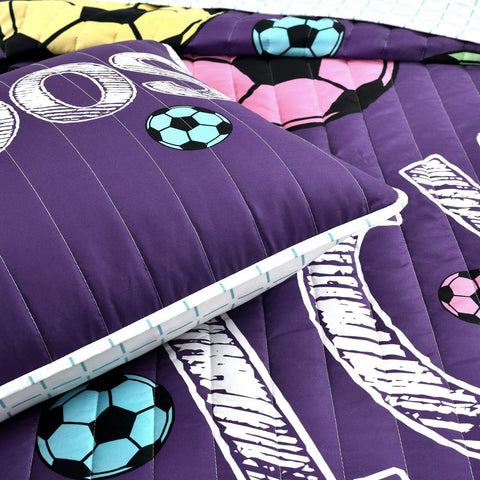 Lush Decor Girls Soccer Bedding - 4 Piece Quilt Set, Twin, Purple