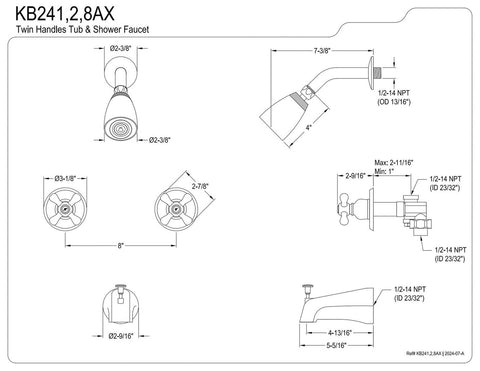 Kingston Brass KB248AX Twin Handle Tub and Shower Faucet with Decor Cross Han...