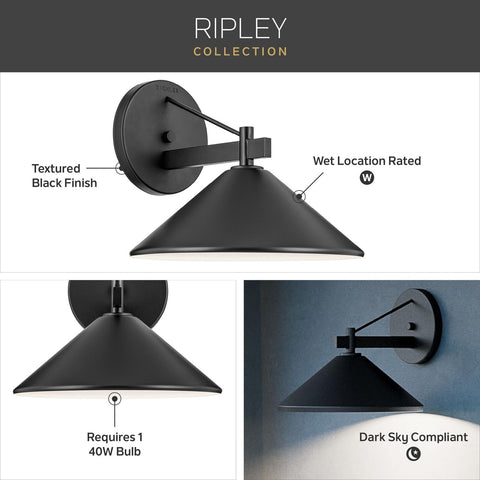 KICHLER Ripley 12" 1-Light Outdoor Wall Light in Black for Exterior Doors, Ga...