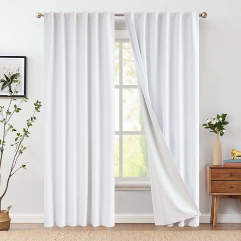 jinchan 100% Blackout Linen Blend Curtains for Bedroom 84 Inch Length Off Whi...