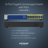 NETGEAR 16-Port Gigabit Ethernet Unmanaged PoE Switch (GS516PP) - with 16 x P...