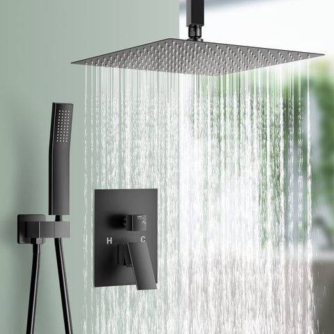 Shower System, 12 Inch Matte Black High Pressure Shower Head with Rain Handhe...