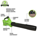 Greenworks 24V (110 MPH / 450 CFM / Brushless Blower (Tool Only), Black/Green