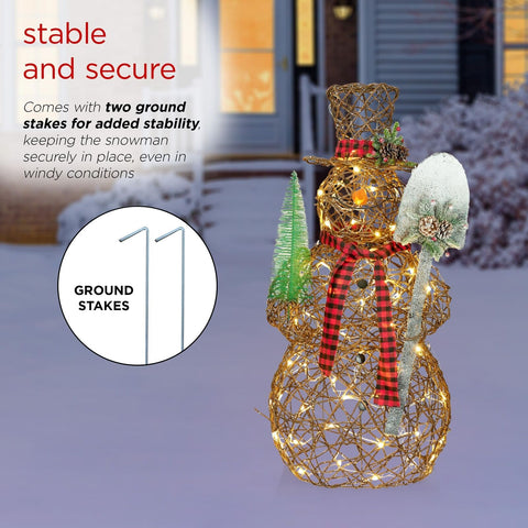 Alpine Corporation CHT922 47" Rattan Snowman with Shovel & Scarf Decor, 60 Wa...