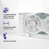 WNF9RW 9" Reversible 3-Speed Twin Window Fan with Remote, White, Extendable 2...