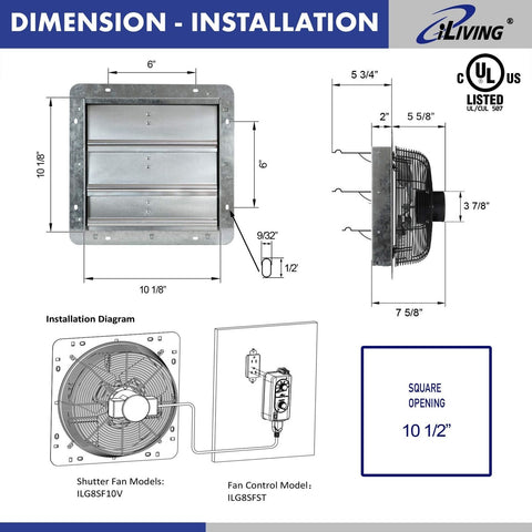 iLiving 10" Wall Mounted Shutter Exhaust Fan, Automatic Shutter, with Thermos...