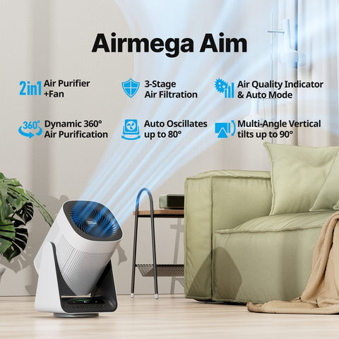 Airmega Aim 2-in-1 Oscillating Fan & True HEPA Air Purifier 246 sq. ft., White
