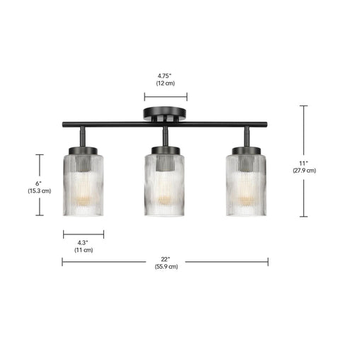 Globe Electric 64000044 3-Light Track Lighting, Ribbed Glass Shades, Matte Bl...