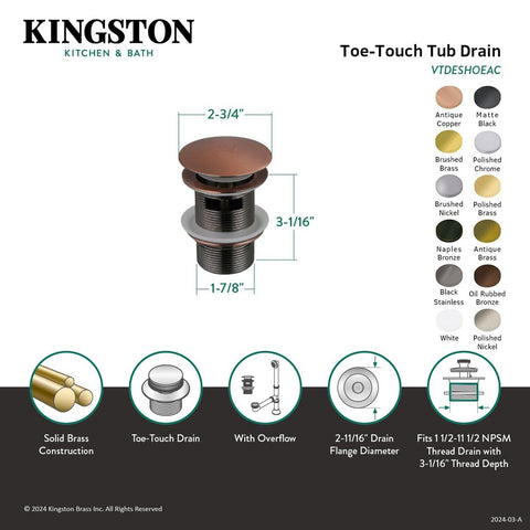 Kingston Brass VTDESHOEPN Trimscape Toe-Touch Tub Overflow, 1-1/2" Threaded D...