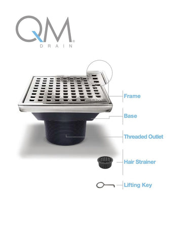 QM Square Shower Drain, Grate Made of Stainless Steel Marine 316 and Base Mad...