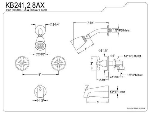 Kingston Brass KB248AX Twin Handle Tub and Shower Faucet with Decor Cross Han...