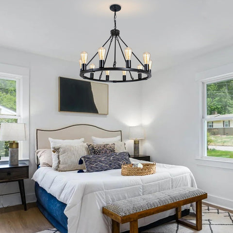 Black Wagon Wheel Chandelier, 10 Lights Farmhouse Ceiling Hanging Chandeliers...
