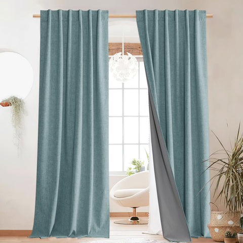 NICETOWN Full Blackout Skylark Blue Linen Curtains 108" Length with Thermal I...