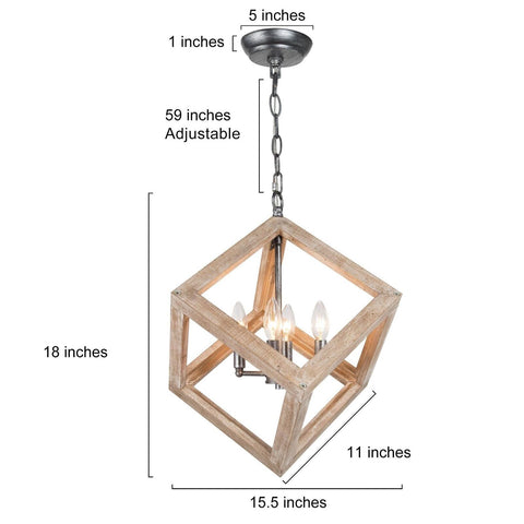 Uolfin Wood Square Chandelier, Farmhouse 4-Light Pendant Light Fixtures Hangi...