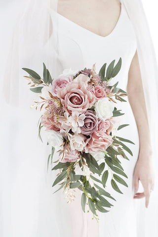 Ansofi 9" Dusty Rose Wedding Bouquets for Bride, Cascading Bridal Bouquet for...