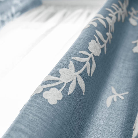 Melodieux Flower Embroidery Linen Blackout Blue Curtains for Living Room Bedr...