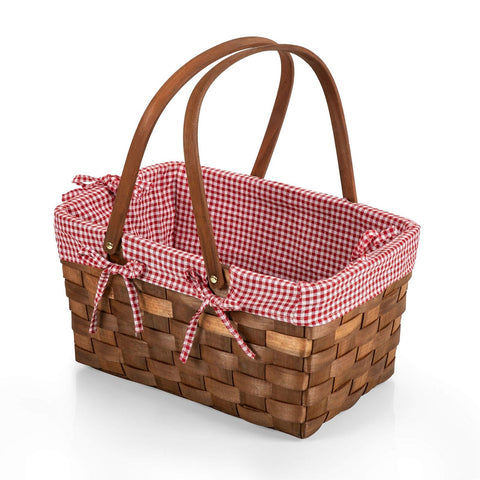 Kansas Handwoven Wood Picnic Basket Red & White Gingham Pattern