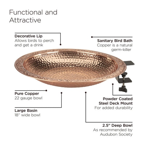 Good Directions Pure Copper Metal Bird Bath with Deck Mount for Railing, Larg...