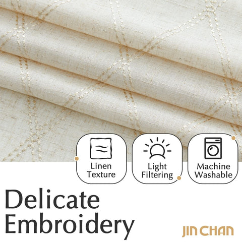 jinchan Linen Curtains for Living Room Beige Diamond Embroidered Curtains Geo...