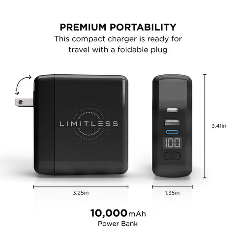 Limitless PowerPro Go 10,000mAh Power Bank 3-in-1 Wall Charger with Type-C Po...