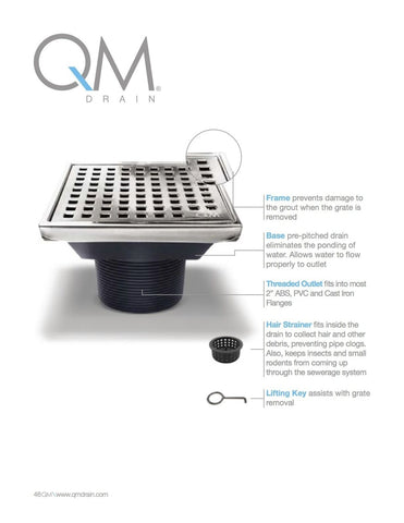 QM Square Shower Drain, Grate made of Stainless Steel Marine 316 and Base mad...