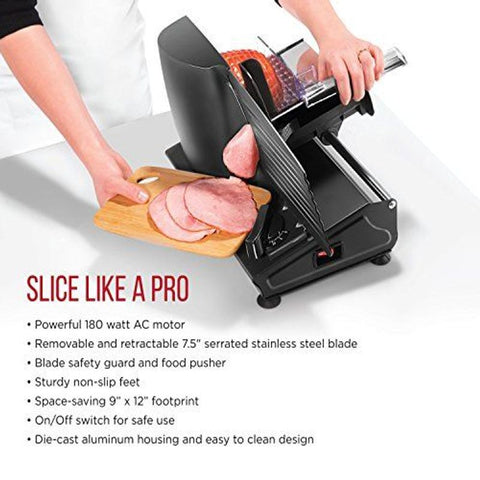 Chefman Die-Cast Electric Meat & Deli Slicer, A Adjustable Slice, Black