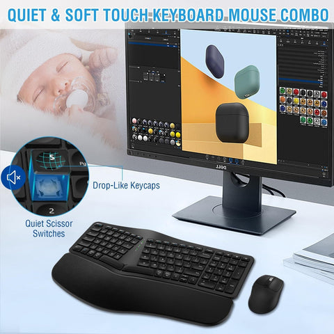 Ergonomic Wireless Keyboard Mouse Combo, EDJO Bluetooth/2.4G Dual Channel, Sp...