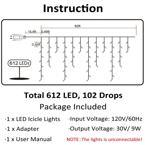 Toodour Icicle Christmas Lights,612 LED 50ft 8 Modes String Lights with 102 D...